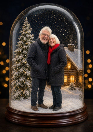 Snow Dome Portrait personalised poster – a smiling couple under a glass snow dome, golden snow and bokeh lights