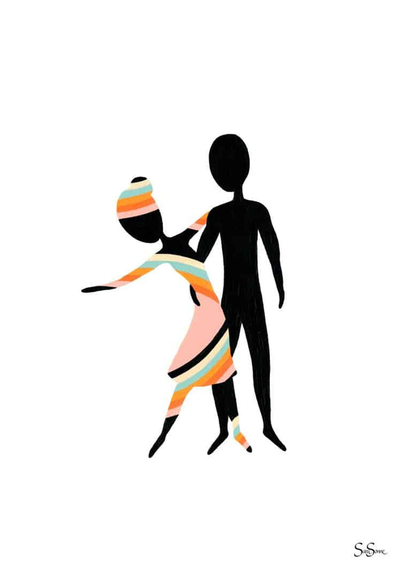 Abstract art print of two stylized figures in colorful stripes, titled "Trust" by Sara Sonne.