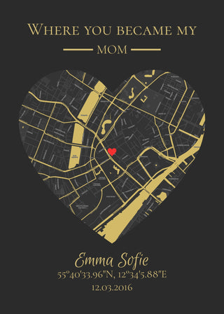 Where You Became My Mom gold map poster – Heart