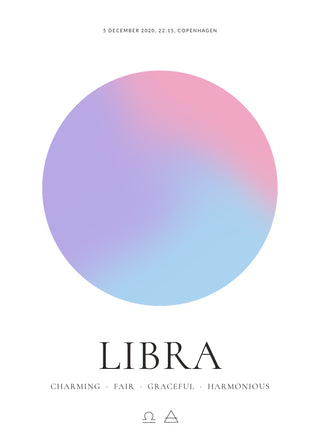 Libra zodiac aura poster – a glowing Libra aura with date, time and place, traits and the Libra symbol on a white background